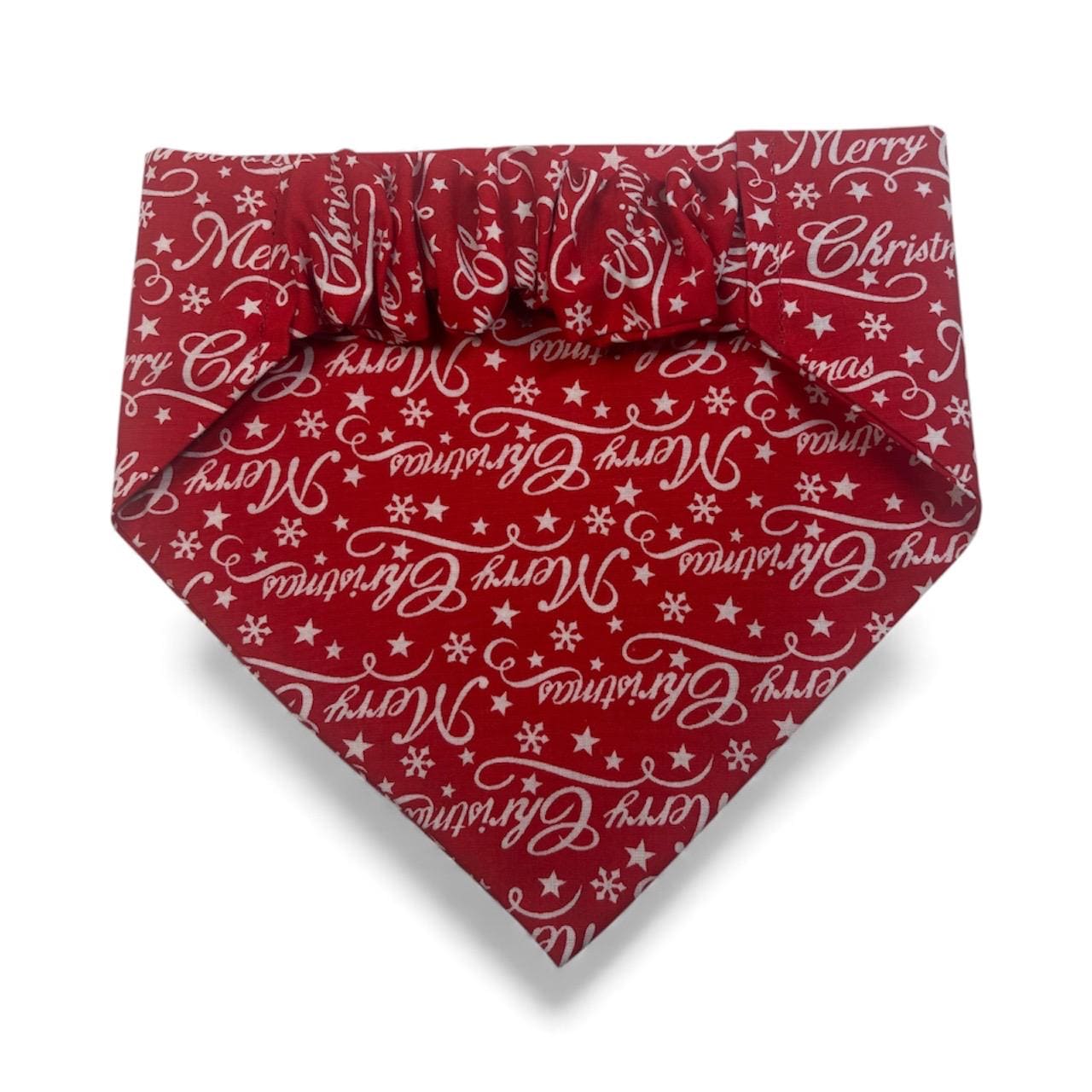 Elastic Scrunchie Dog Bandana – Red Merry Christmas Print – Easy Slip-On Overhead Neckwear
