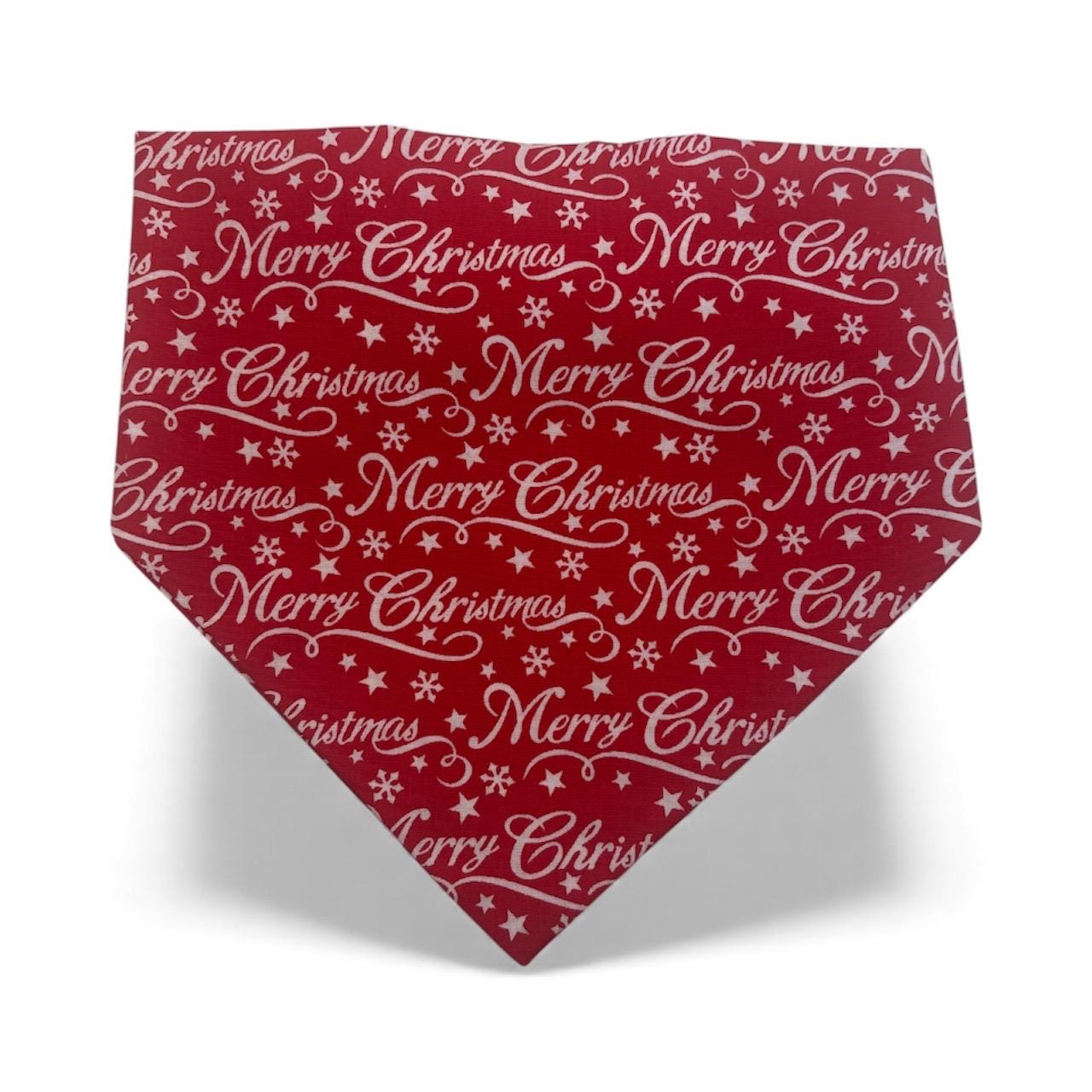 Elastic Scrunchie Dog Bandana – Red Merry Christmas Print – Easy Slip-On Overhead Neckwear