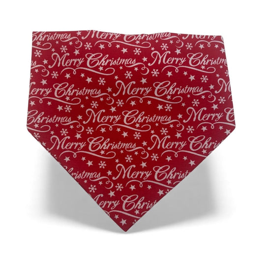 Elastic Scrunchie Dog Bandana – Red Merry Christmas Print – Easy Slip-On Overhead Neckwear