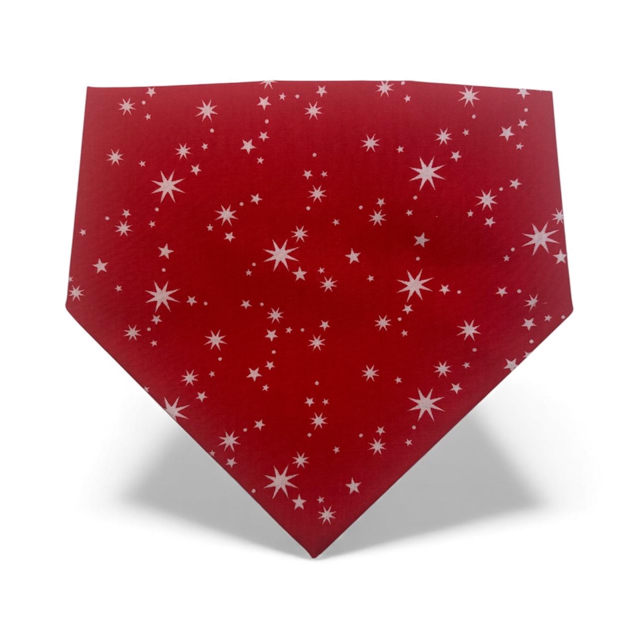 Elastic Scrunchie Dog Bandana – White Sparkle Stars on Red Print – Easy Slip-On Overhead Neckwear