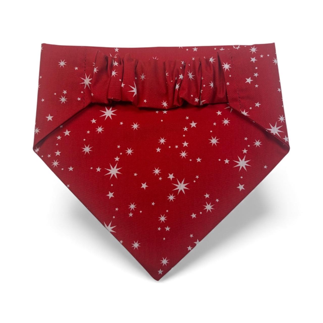 Elastic Scrunchie Dog Bandana – White Sparkle Stars on Red Print – Easy Slip-On Overhead Neckwear