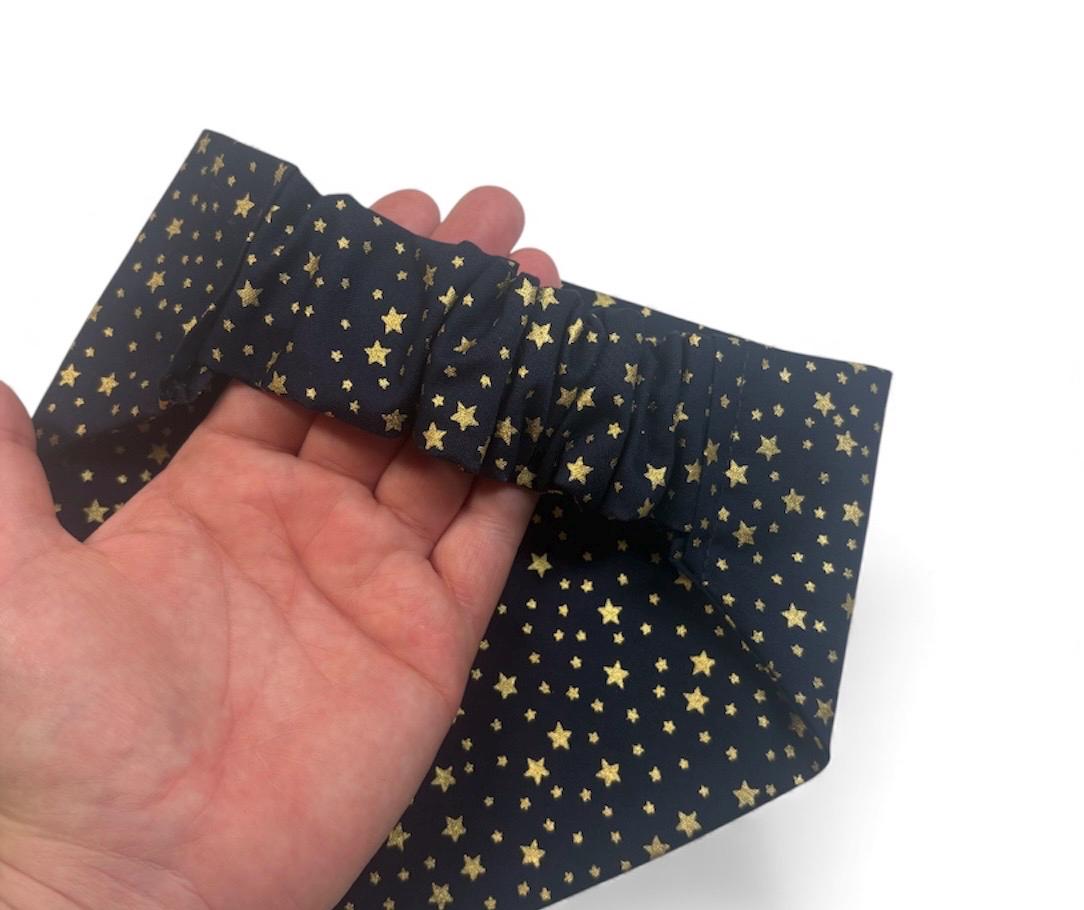 Elastic Scrunchie Dog Bandana – Metallic Gold Stars on Navy Blue – Easy Slip-On Overhead Neckwear