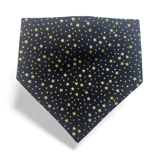 Elastic Scrunchie Dog Bandana – Metallic Gold Stars on Navy Blue – Easy Slip On Overhead Neckwear