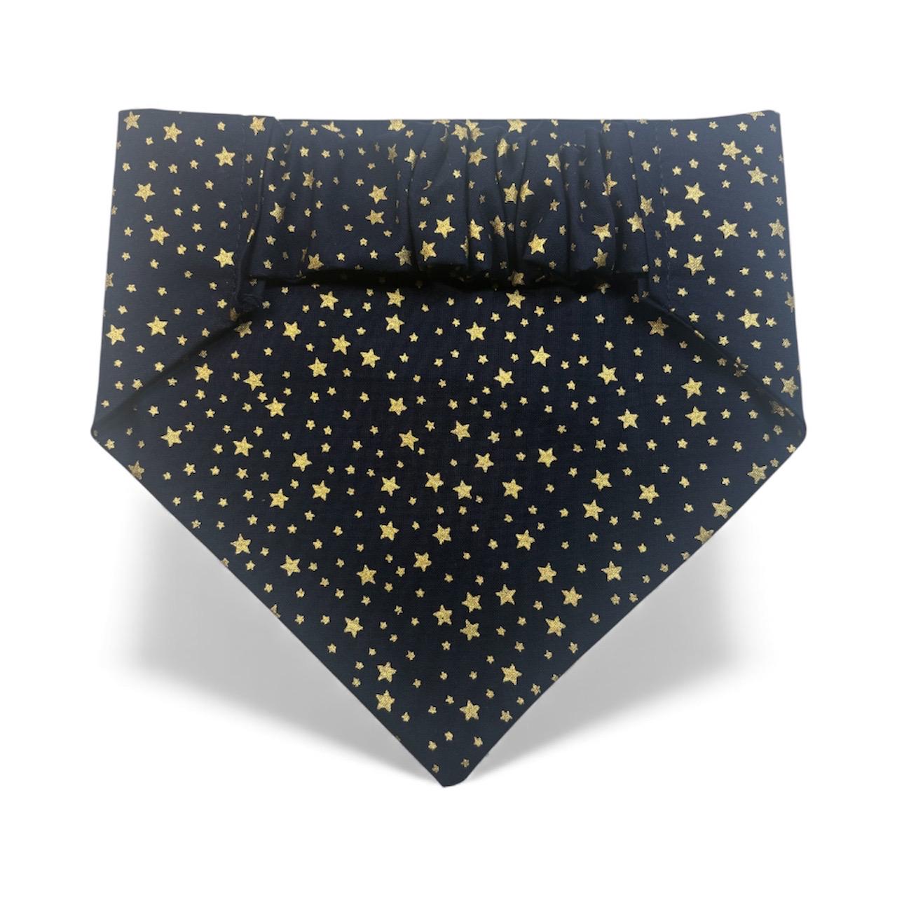 Elastic Scrunchie Dog Bandana – Metallic Gold Stars on Navy Blue – Easy Slip-On Overhead Neckwear