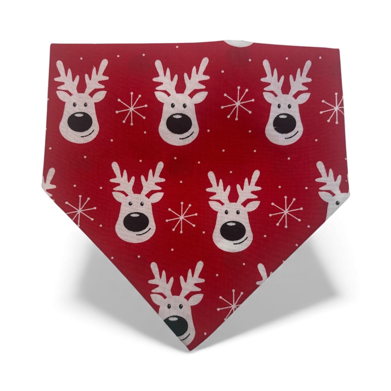 Elastic Scrunchie Dog Bandana – Christmas Reindeer on Red Print – Easy Slip-On Overhead Neckwear