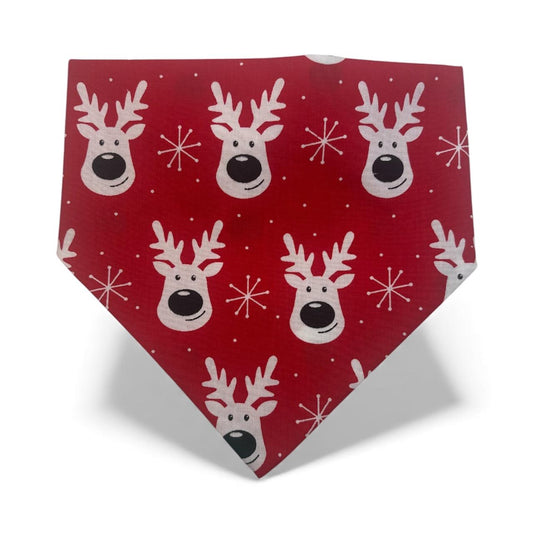 Elastic Scrunchie Dog Bandana – Christmas Reindeer on Red Print – Easy Slip On Overhead Neckwear