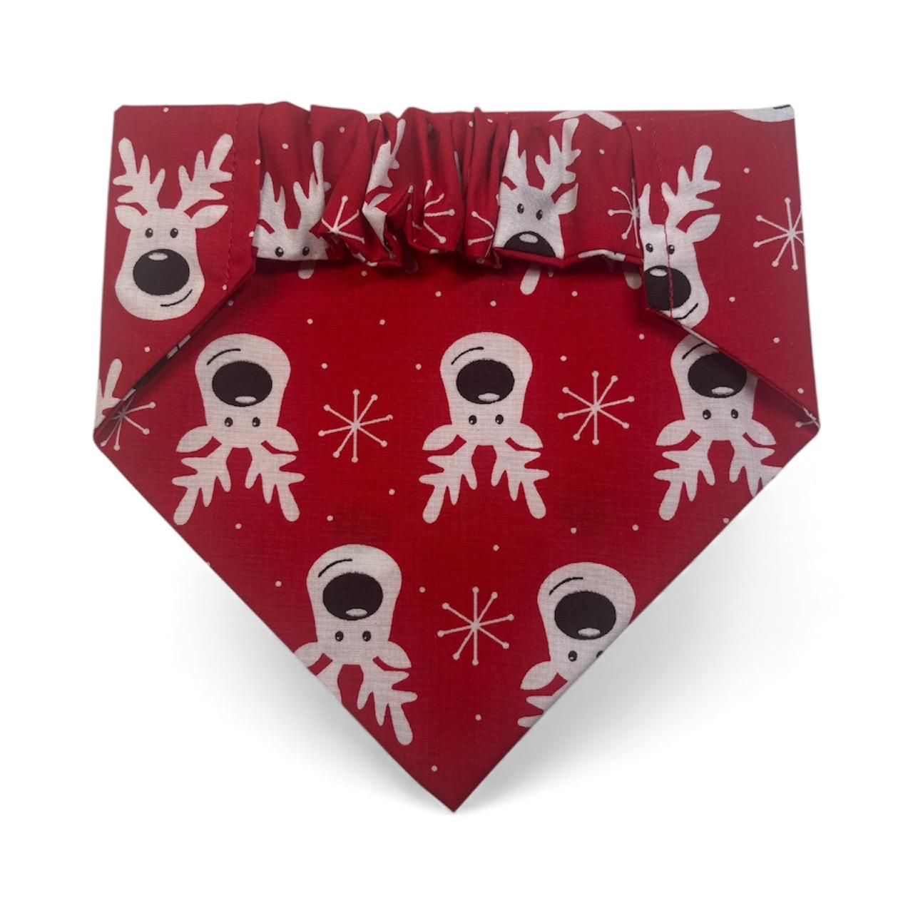 Elastic Scrunchie Dog Bandana – Christmas Reindeer on Red Print – Easy Slip-On Overhead Neckwear