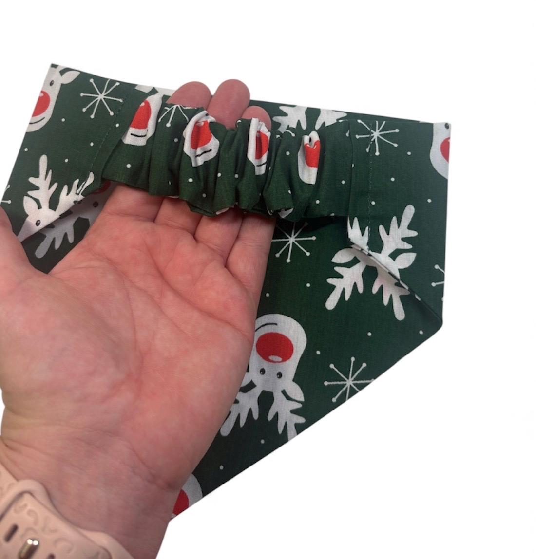 Elastic Scrunchie Dog Bandana – Christmas Reindeer on Green Print – Easy Slip-On Overhead Neckwear