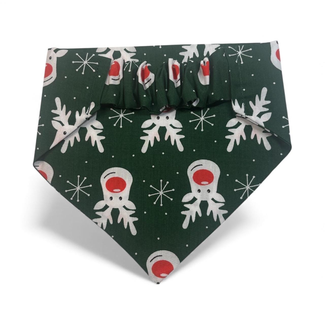 Elastic Scrunchie Dog Bandana – Christmas Reindeer on Green Print – Easy Slip-On Overhead Neckwear