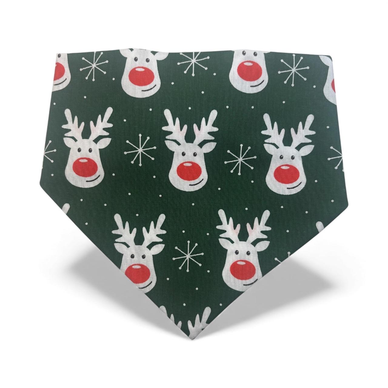 Elastic Scrunchie Dog Bandana – Christmas Reindeer on Green Print – Easy Slip-On Overhead Neckwear
