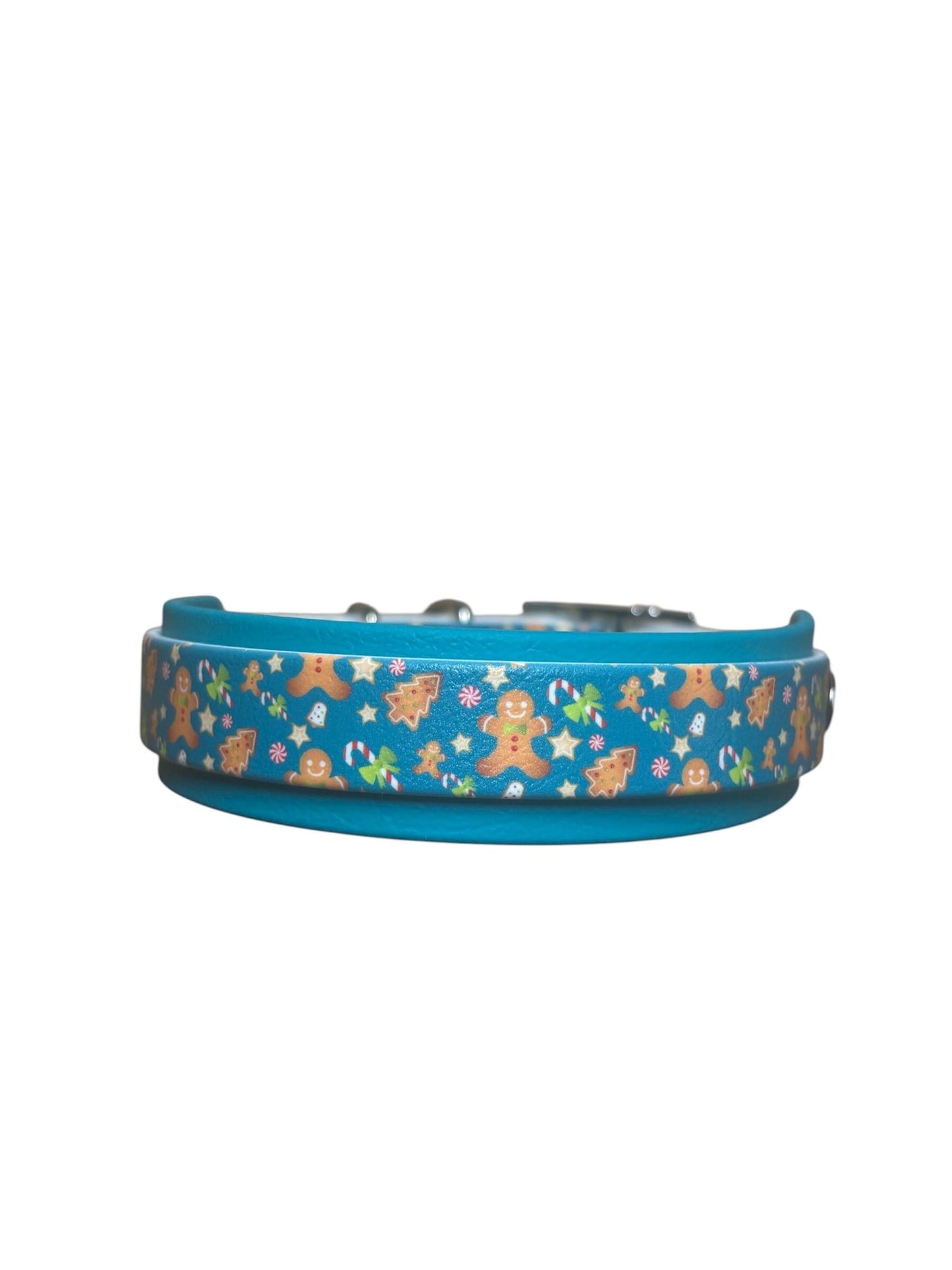 Biothane Waterproof Christmas Gingerbread & Candycane Print Dog Collar with Turquoise Backing and Silver Hardware