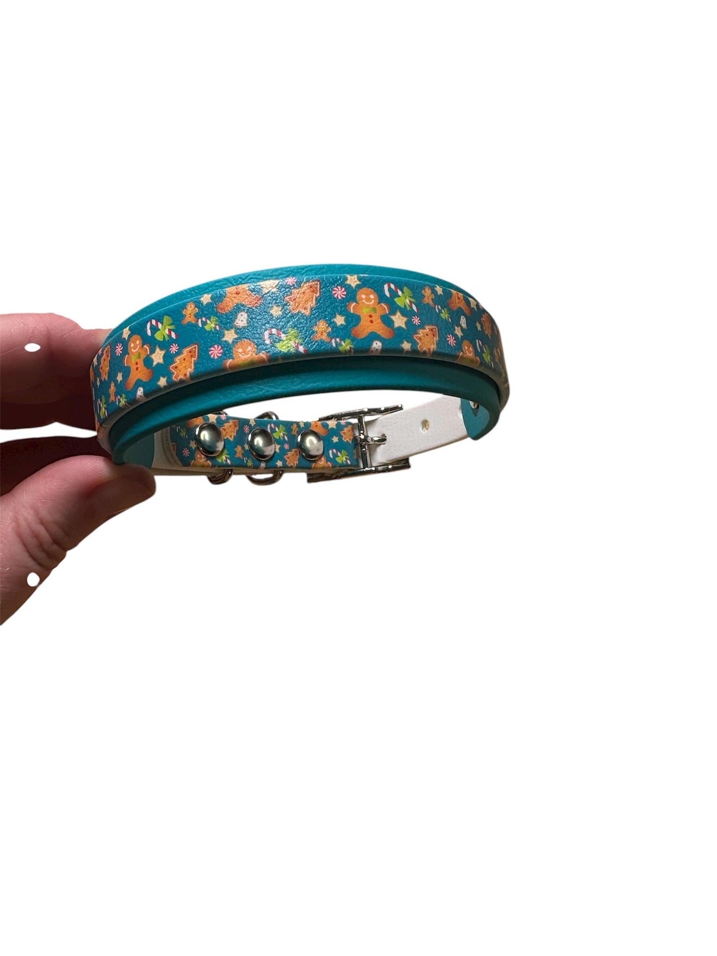 Biothane Waterproof Christmas Gingerbread & Candycane Print Dog Collar with Turquoise Backing and Silver Hardware
