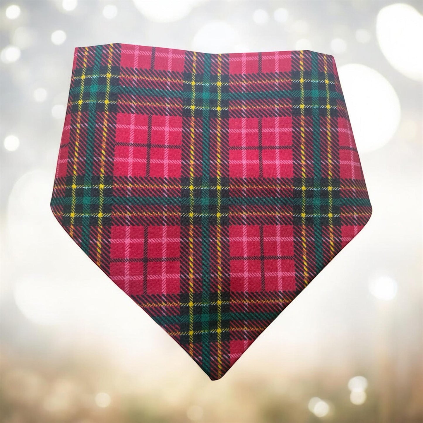 Elastic Scrunchie Dog Bandana – Red & Green Tartan Print – Easy Slip-On Overhead Neckwear