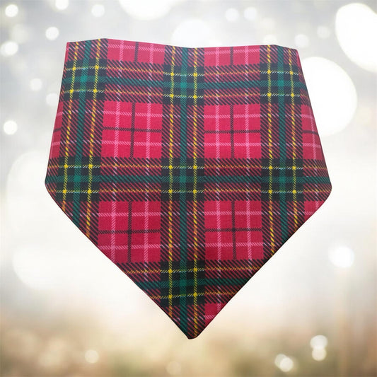 Elastic Scrunchie Dog Bandana – Red & Green Tartan Print – Easy Slip-On Overhead Neckwear