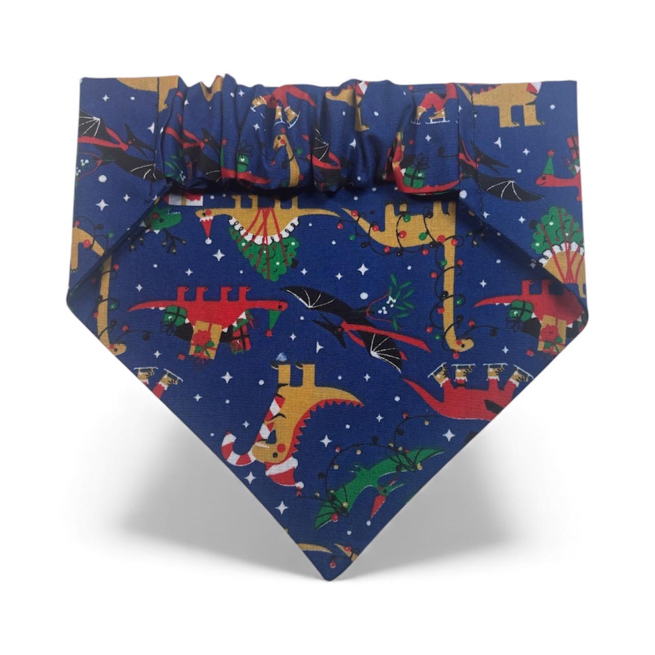 Elastic Scrunchie Dog Bandana – Christmas Dinosaurs Print – Easy Slip-On Overhead Neckwear