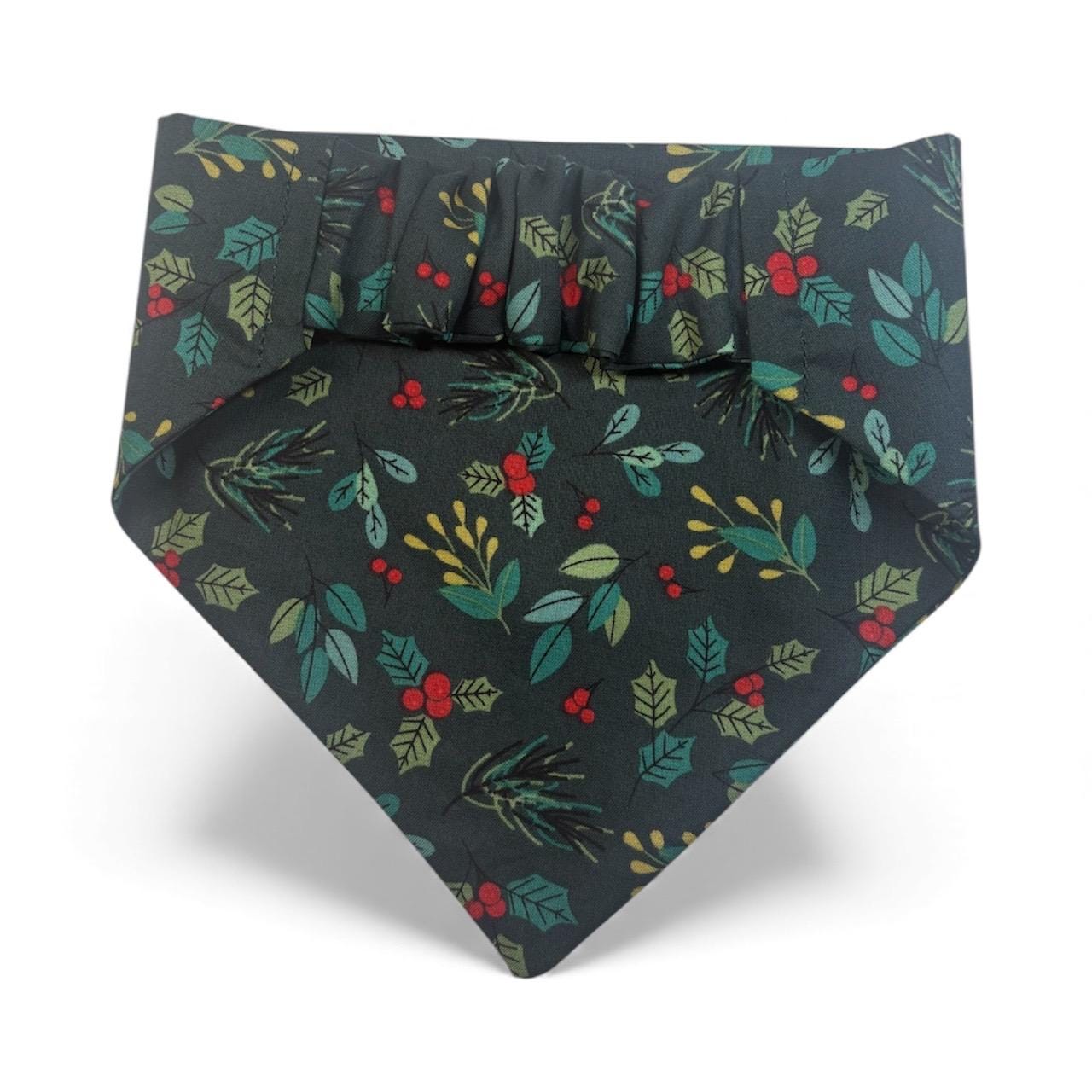Elastic Scrunchie Dog Bandana – Christmas Holly Print – Easy Slip-On Overhead Neckwear
