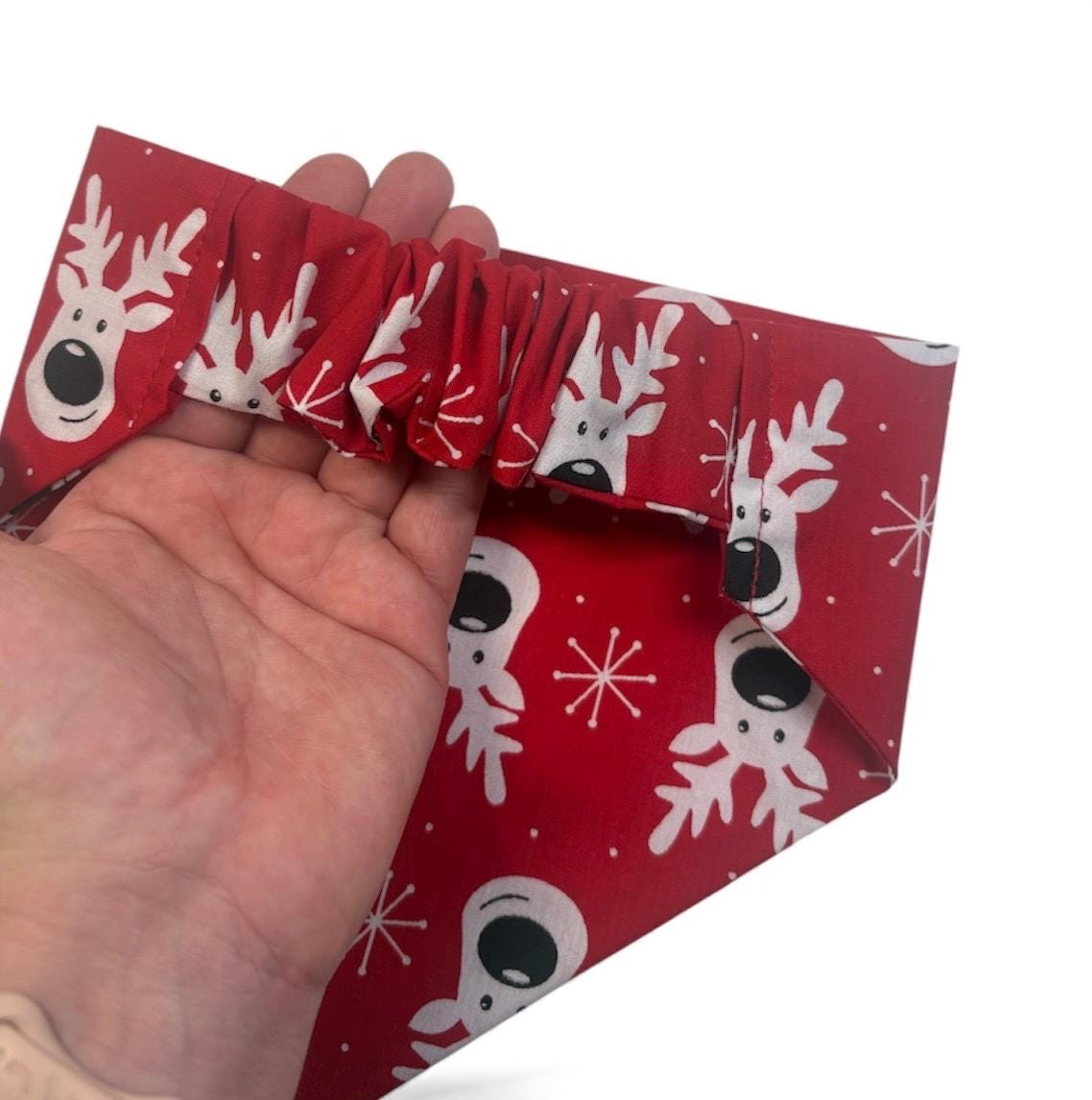 Elastic Scrunchie Dog Bandana – Christmas Reindeer on Red Print – Easy Slip-On Overhead Neckwear