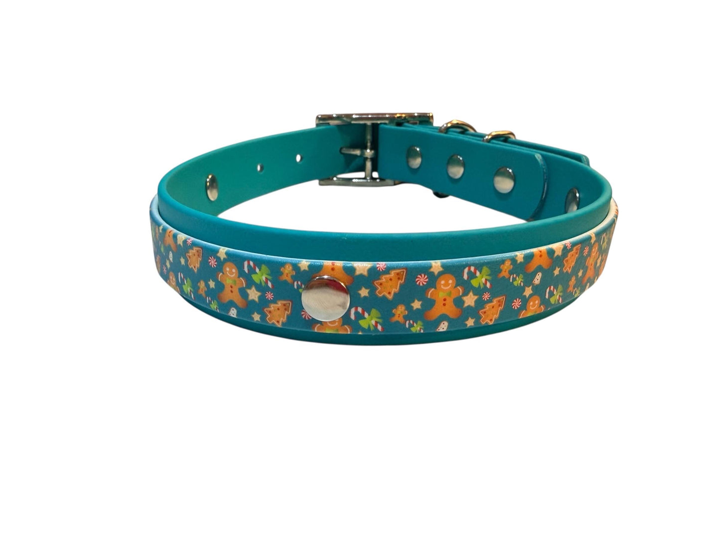 Biothane Waterproof Christmas Gingerbread & Candycane Print Dog Collar with Turquoise Backing and Silver Hardware