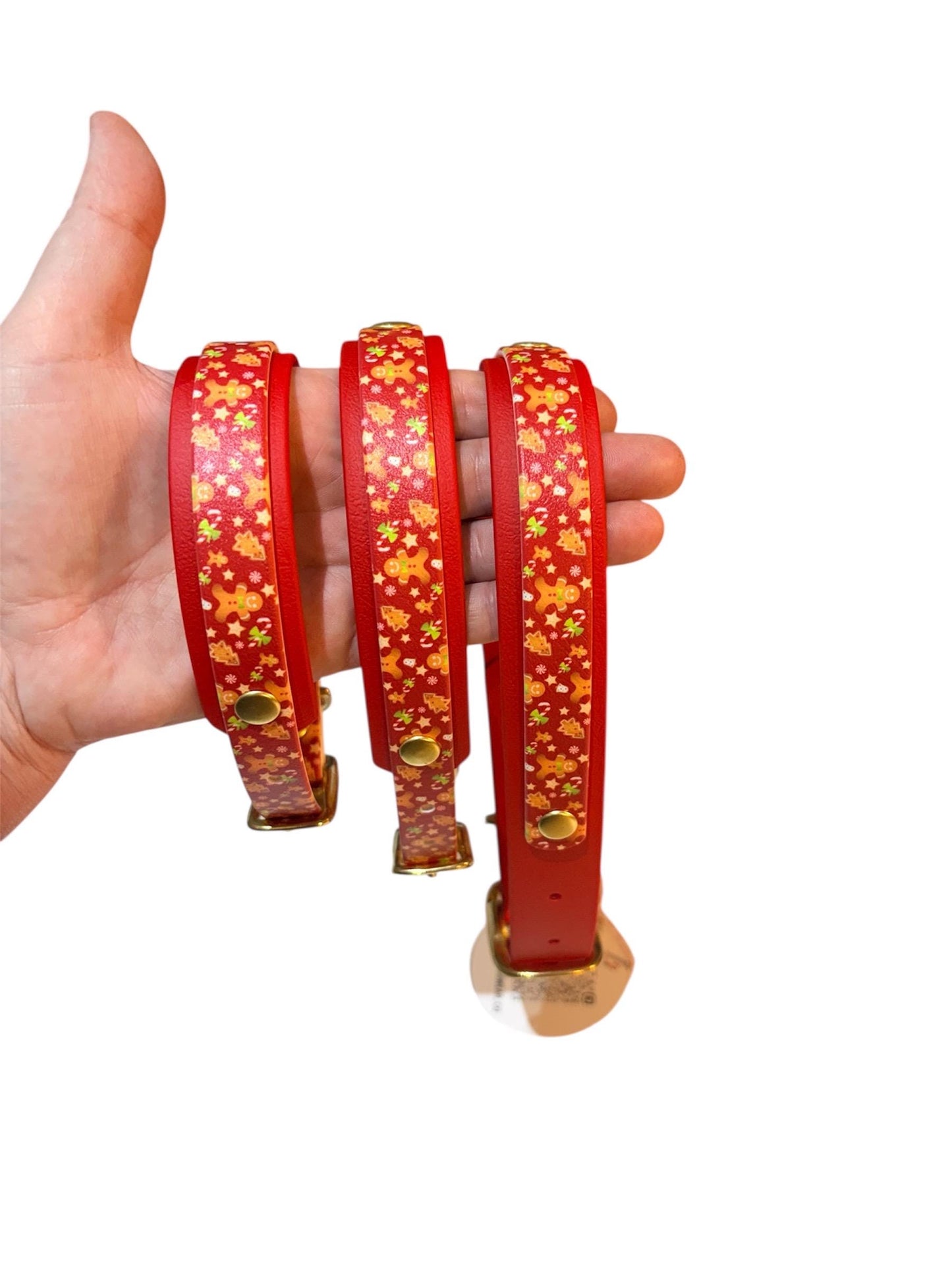 Waterproof Biothane Dog Collar: Christmas Gingerbread Candycane Print, Solid Brass Hardware