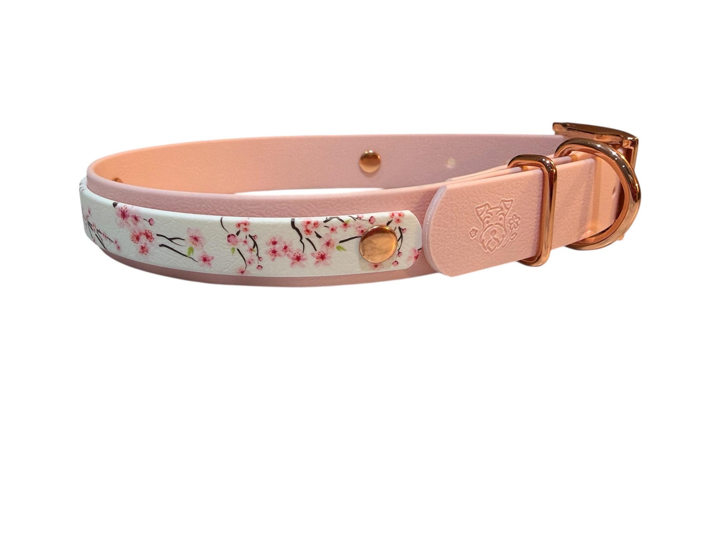 Biothane Waterproof Dog Collar Pink Sakura Cherry Blossom with Rose Gold Hardware