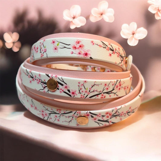 Biothane Waterproof Dog Collar Pink Sakura Cherry Blossom with Rose Gold Hardware