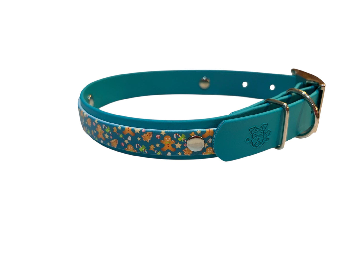Biothane Waterproof Christmas Gingerbread & Candycane Print Dog Collar with Turquoise Backing and Silver Hardware