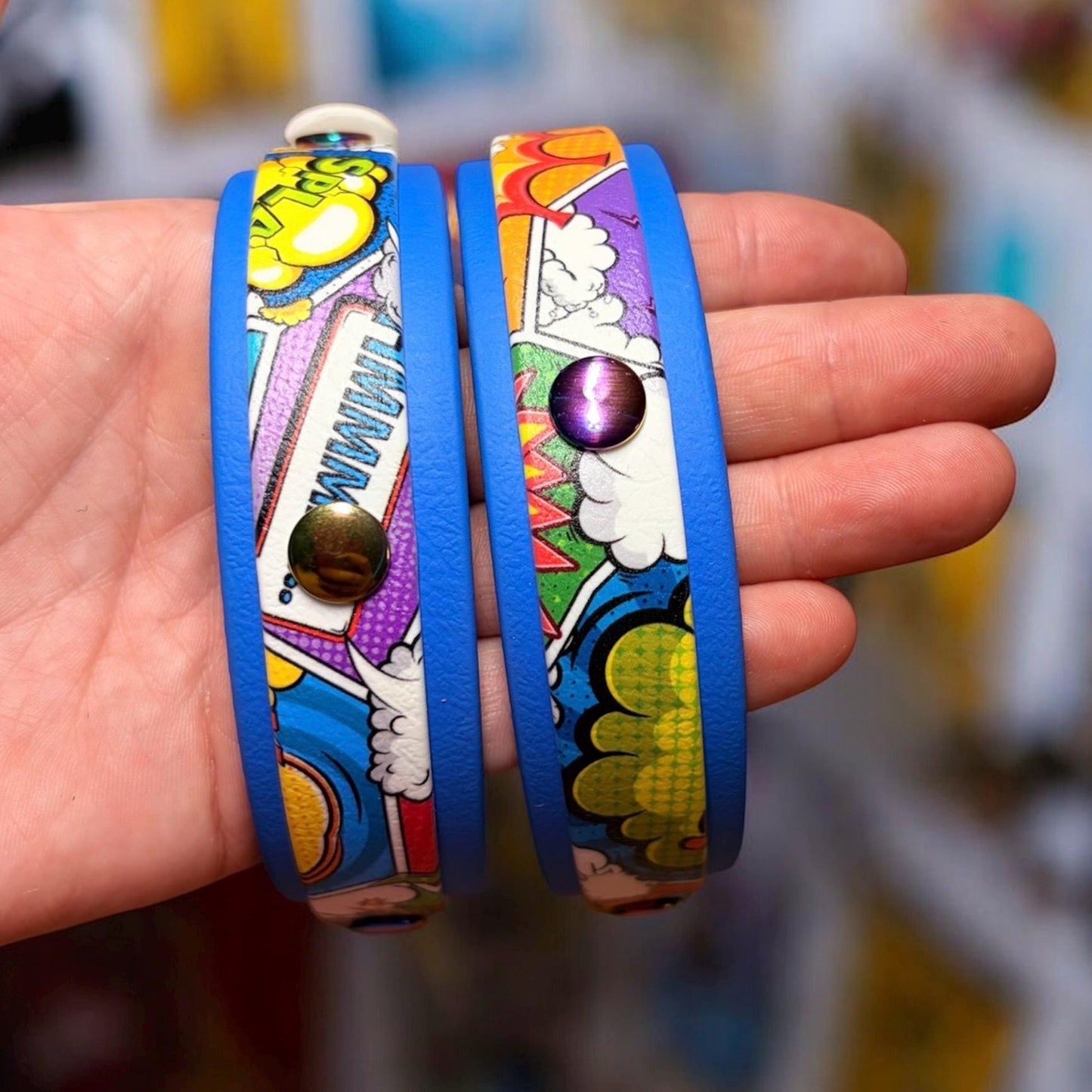 Biothane Waterproof Dog Collar Comic Strip Design with Rainbow Hardware