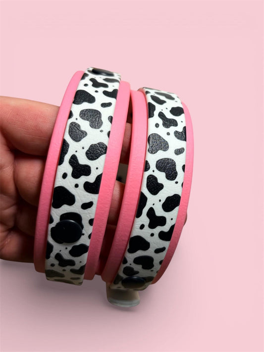 Biothane Waterproof Dog Collar Cow Print with Choice of Backing Colour and Black Hardware