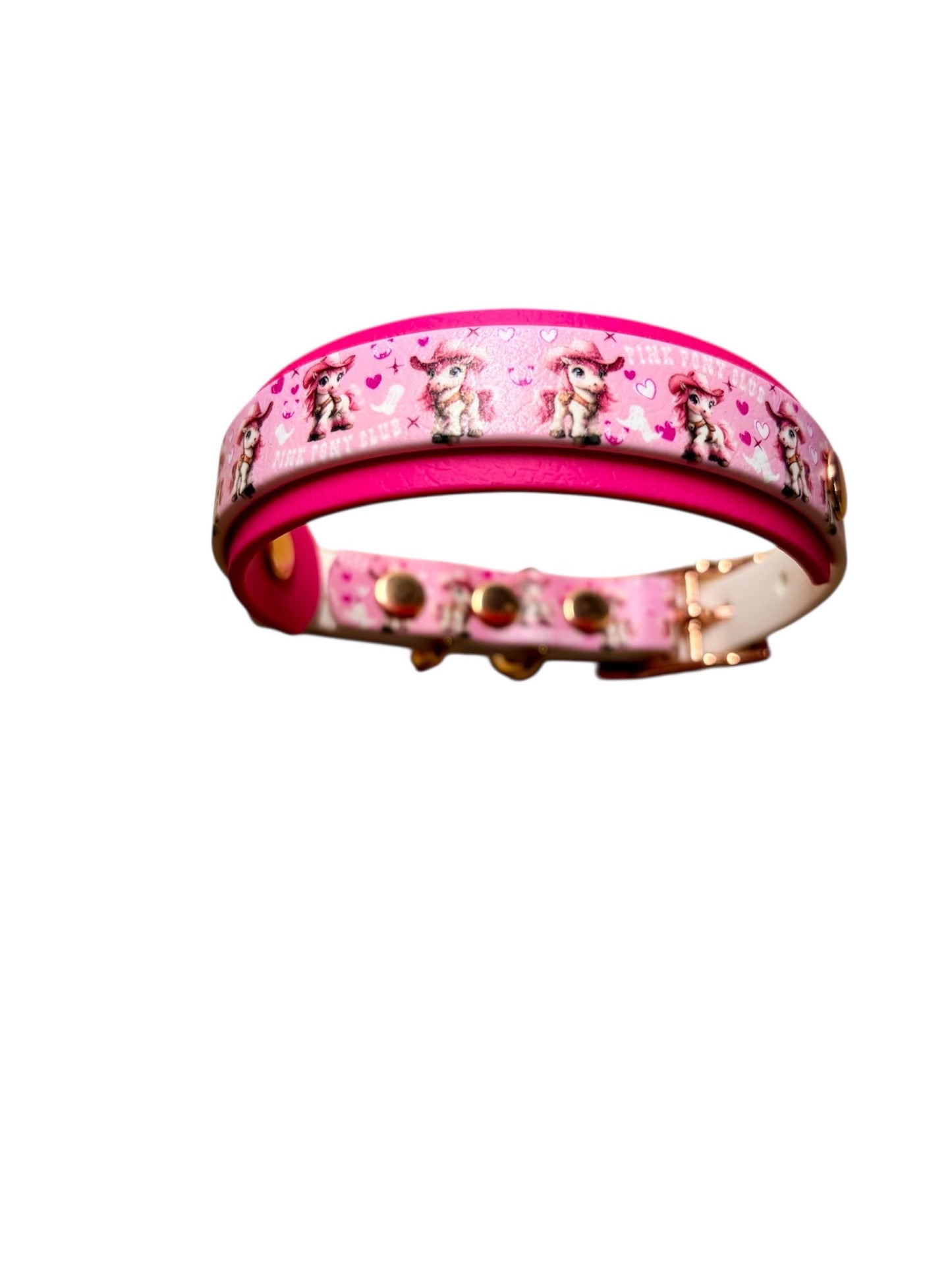 Biothane Waterproof Dog Collar Pink Pony Design with Rose Gold Hardware