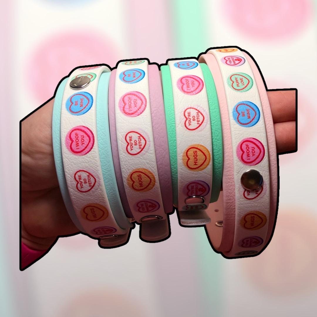 Pastel Candy Hearts Print Biothane Dog Collar: Waterproof with Silver Hardware