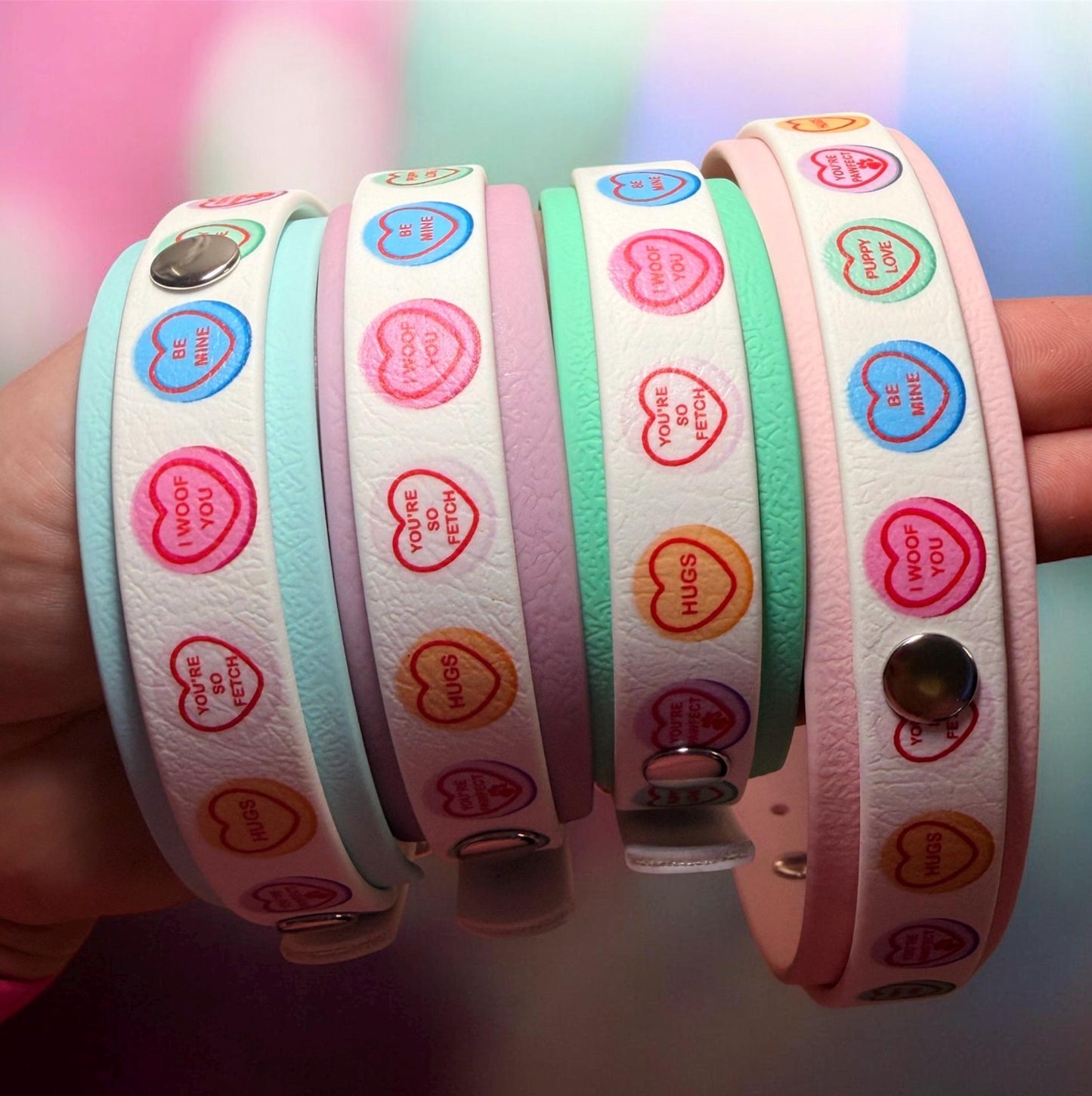 Pastel Candy Hearts Print Biothane Dog Collar: Waterproof with Silver Hardware