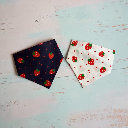 Strawberry Print Dog Bandana – Elastic Scrunchie Neckwear, White or Navy