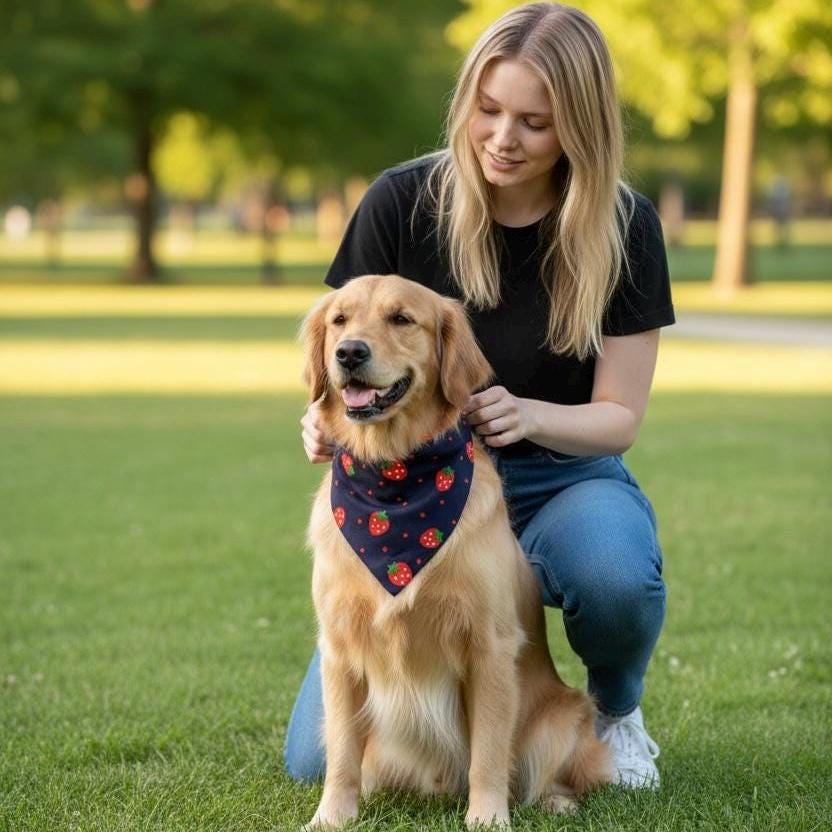 Strawberry Print Dog Bandana – Elastic Scrunchie Neckwear, White or Navy