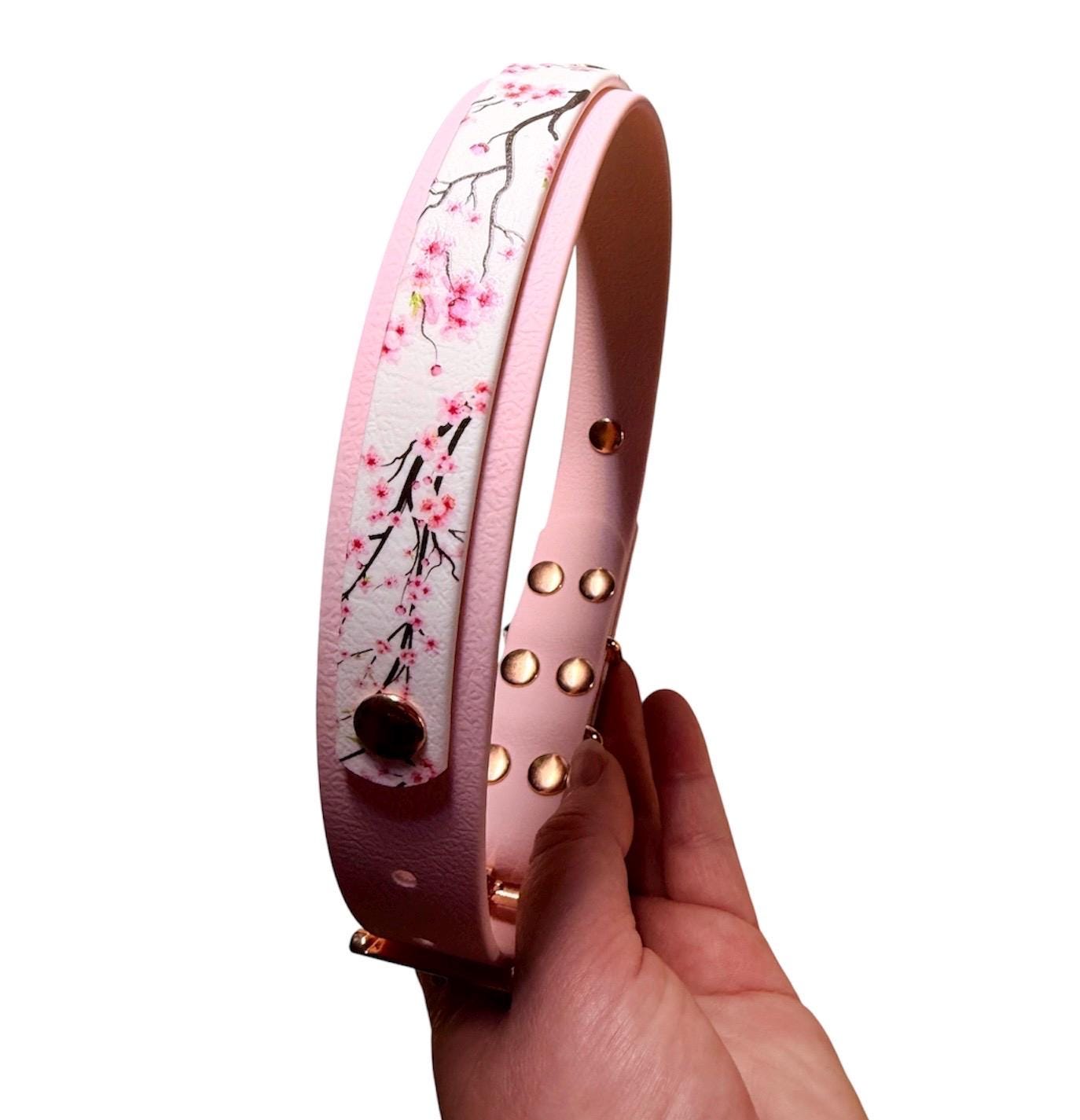 Biothane Waterproof Dog Collar Pink Sakura Cherry Blossom with Rose Gold Hardware