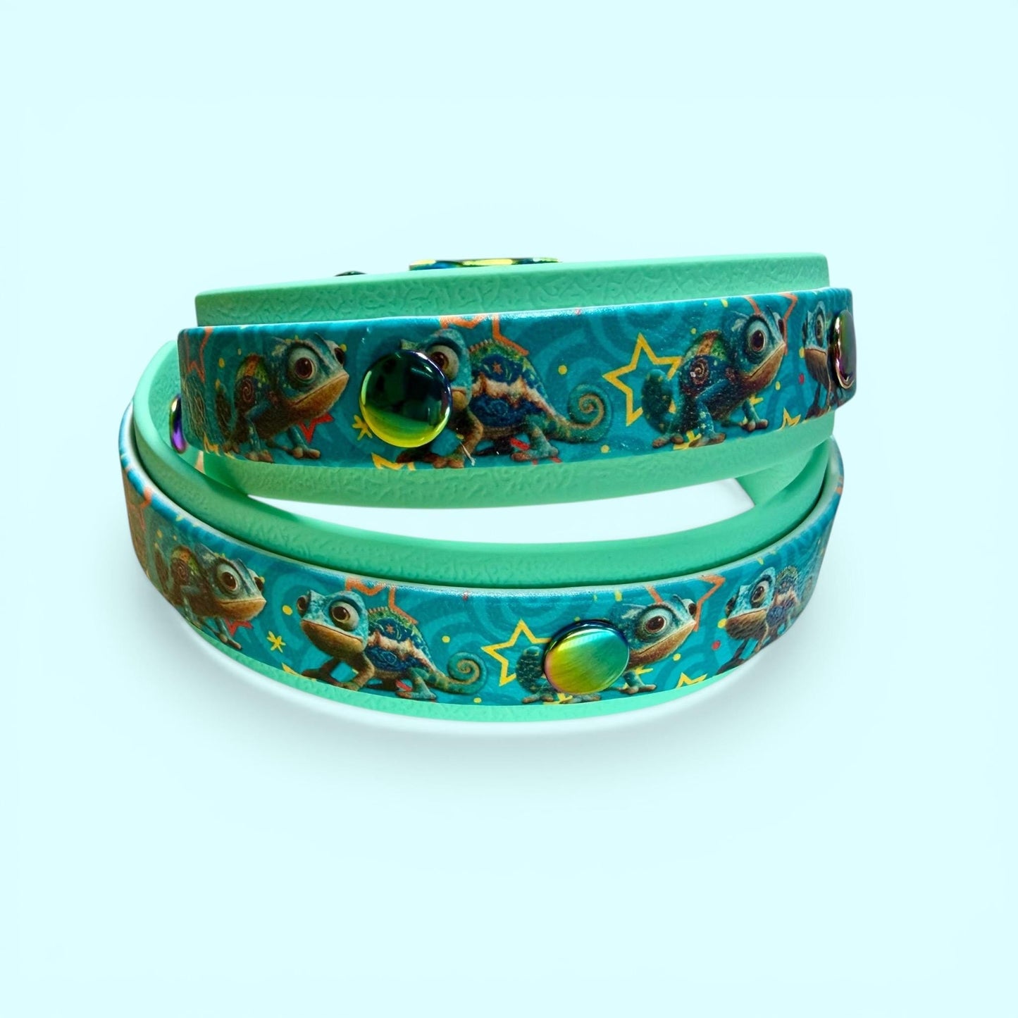 Biothane Waterproof Dog Collar Turquoise Chameleon Design with Seafoam Backing and Rainbow Hardware
