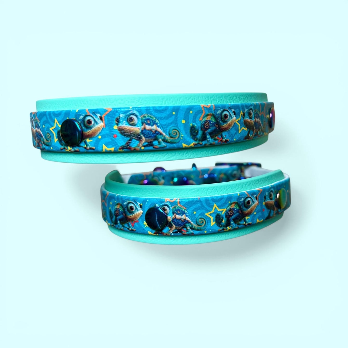 Biothane Waterproof Dog Collar Turquoise Chameleon Design with Seafoam Backing and Rainbow Hardware