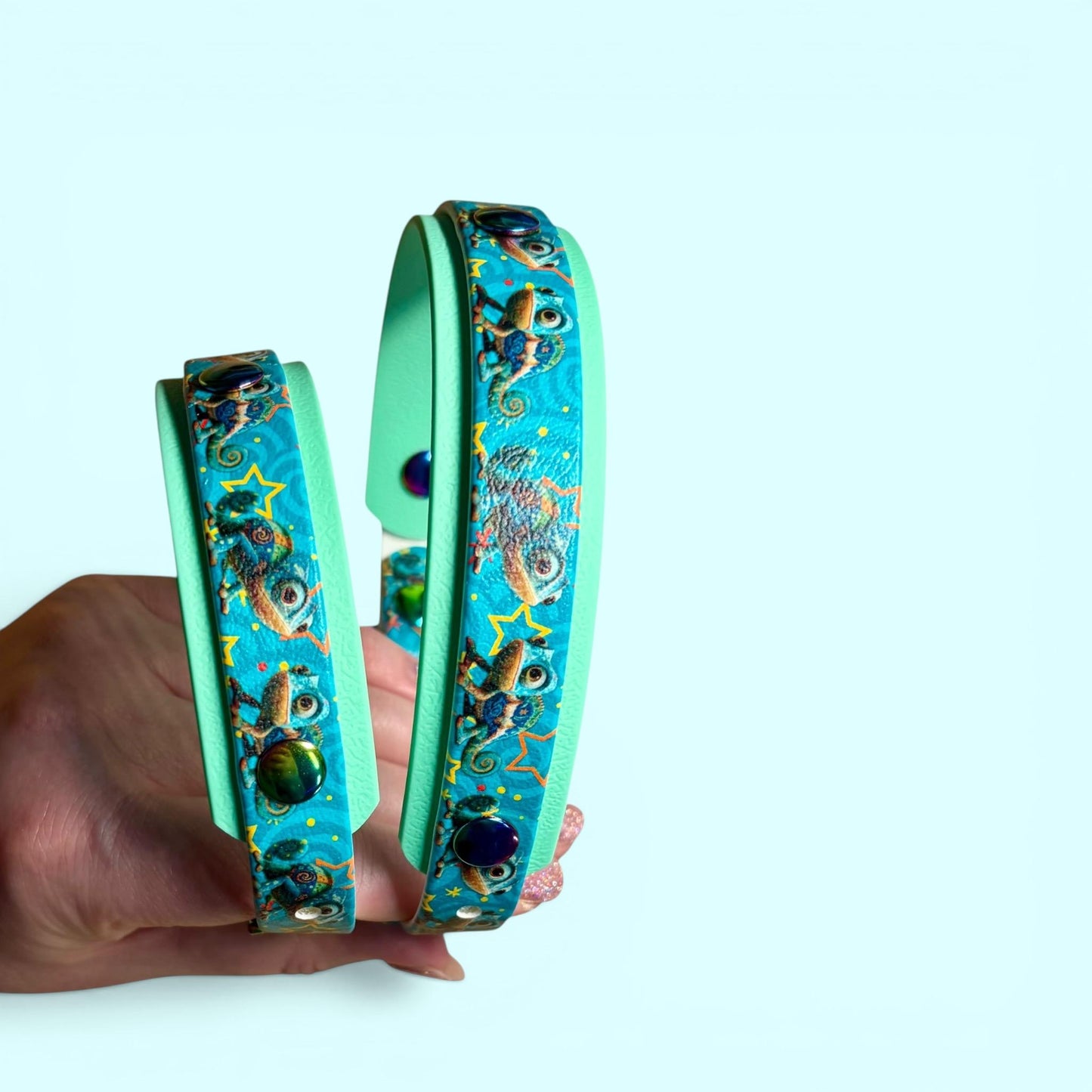 Biothane Waterproof Dog Collar Turquoise Chameleon Design with Seafoam Backing and Rainbow Hardware