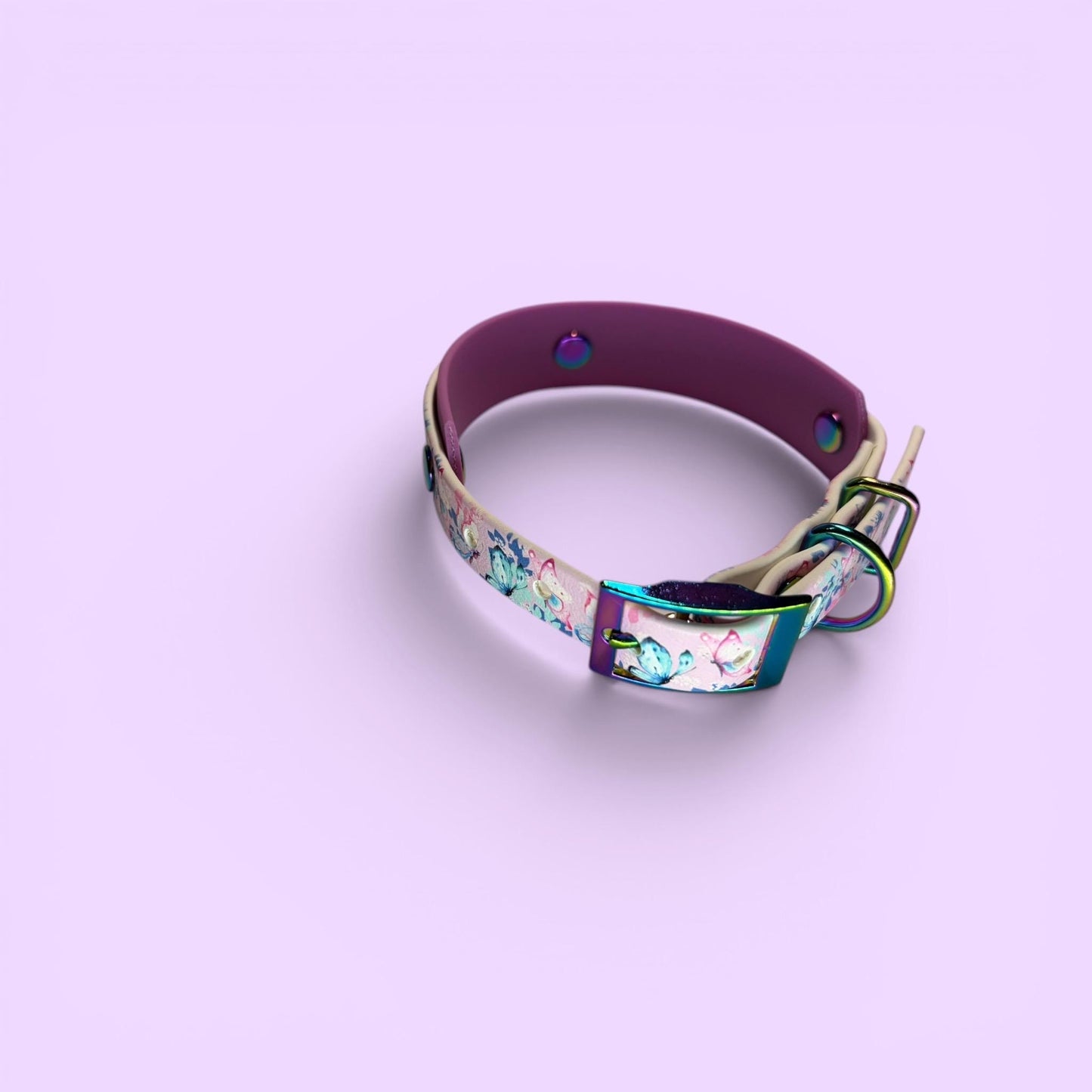Biothane Waterproof Dog Collar Pastel Butterfly Print with Lavender Backing and Rainbow Hardware