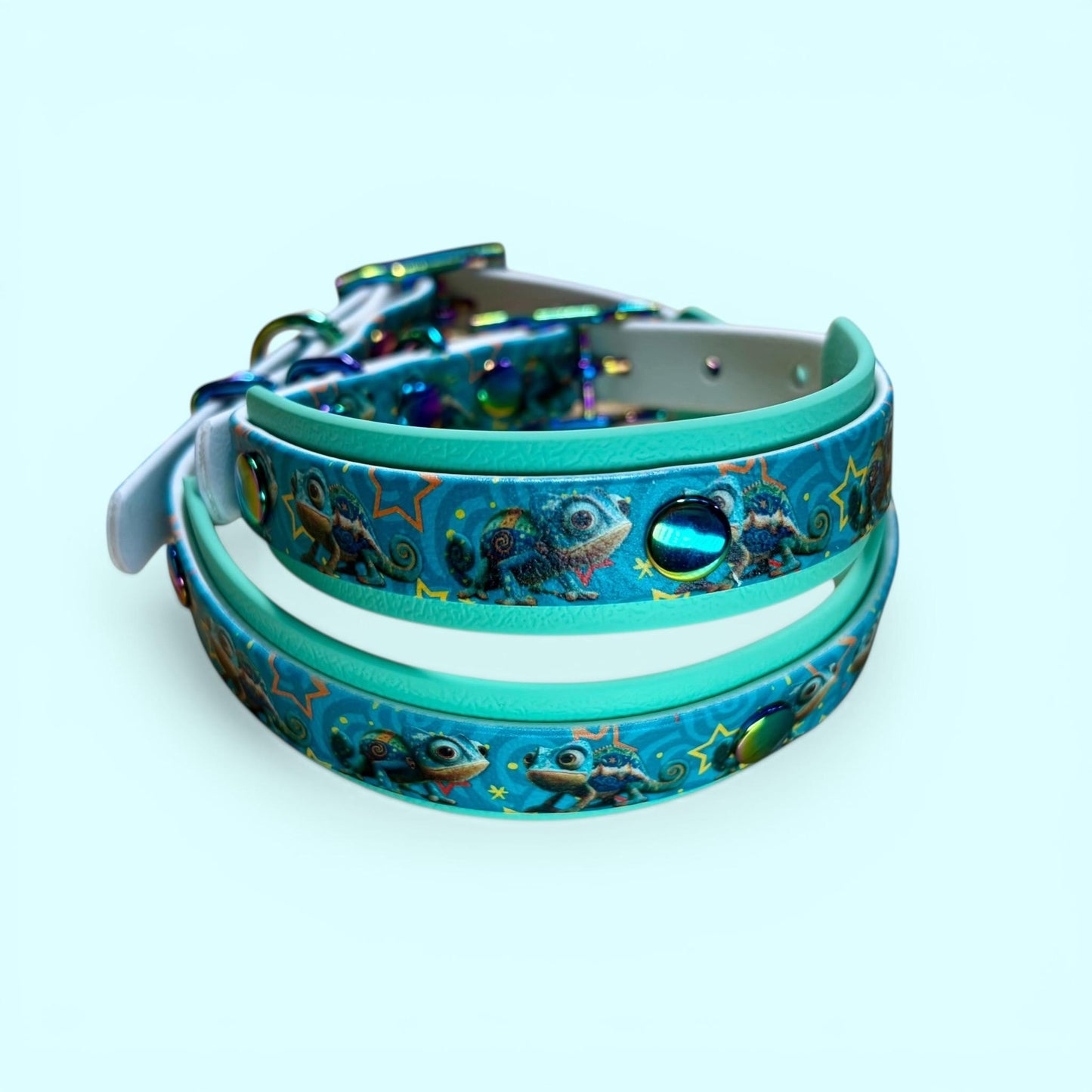 Biothane Waterproof Dog Collar Turquoise Chameleon Design with Seafoam Backing and Rainbow Hardware