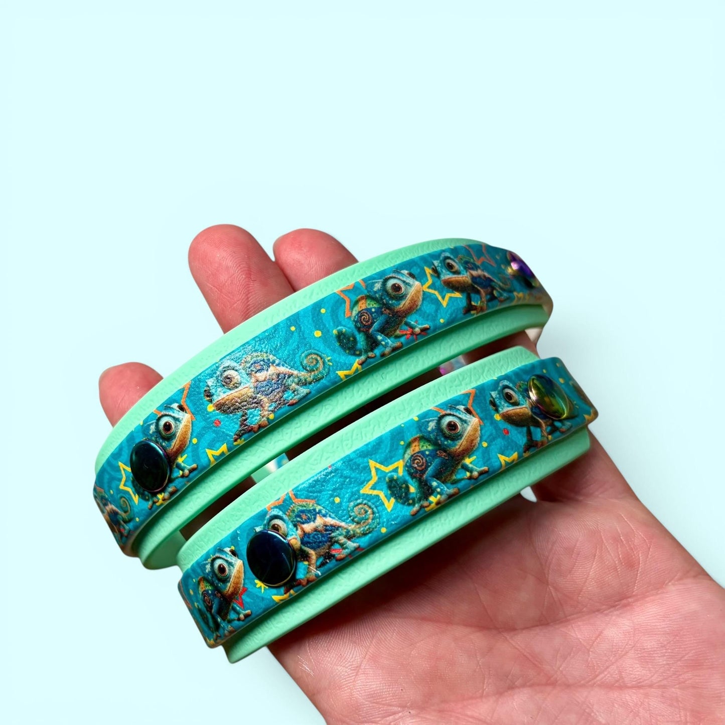 Biothane Waterproof Dog Collar Turquoise Chameleon Design with Seafoam Backing and Rainbow Hardware