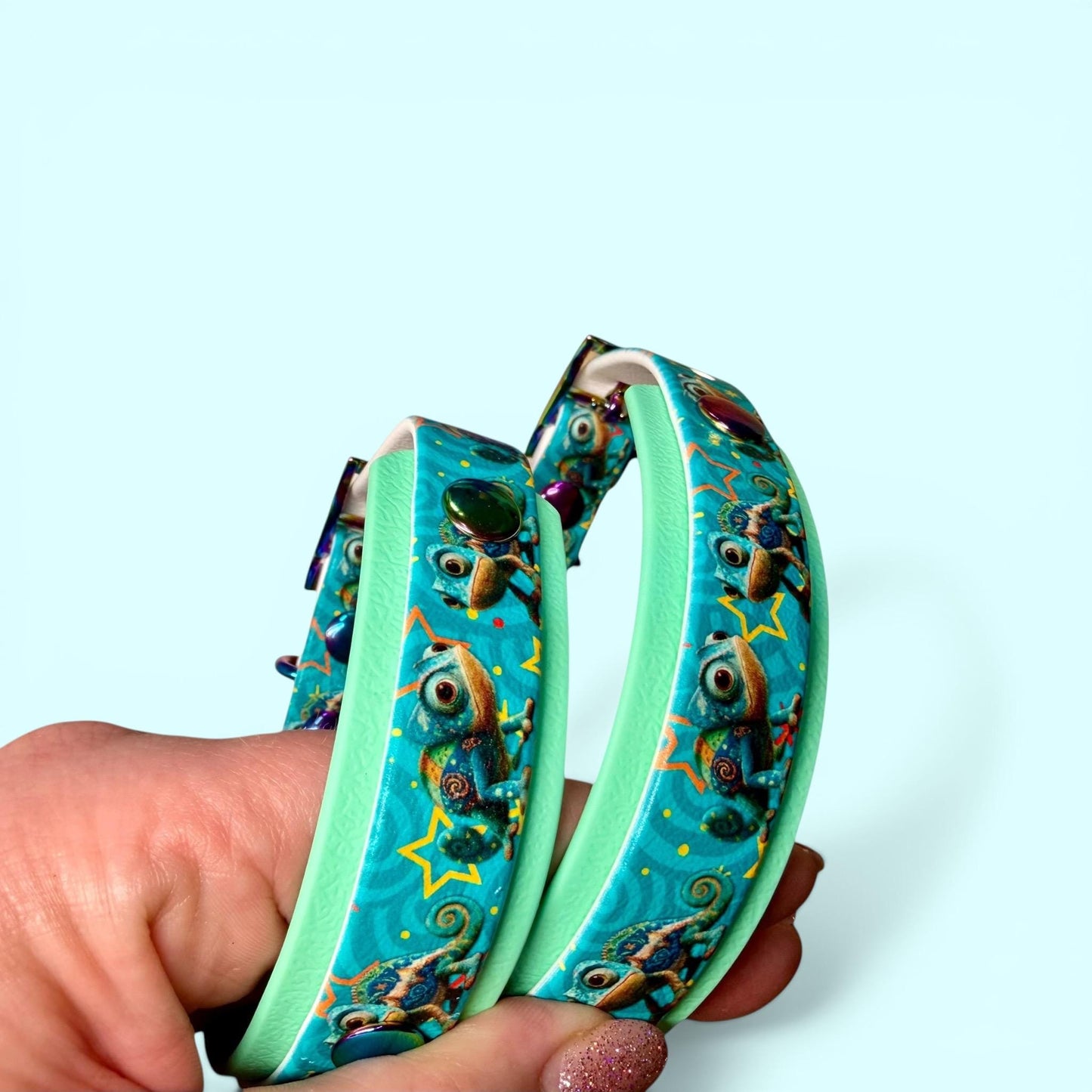 Biothane Waterproof Dog Collar Turquoise Chameleon Design with Seafoam Backing and Rainbow Hardware