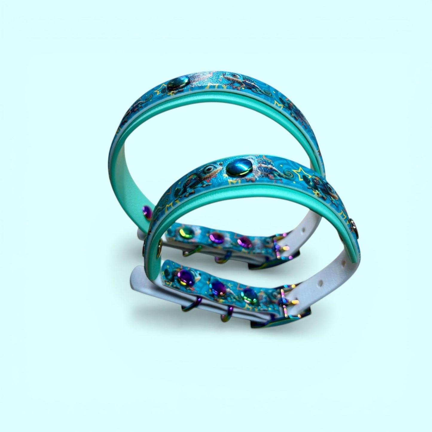 Biothane Waterproof Dog Collar Turquoise Chameleon Design with Seafoam Backing and Rainbow Hardware