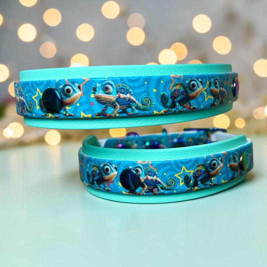 Biothane Waterproof Dog Collar Turquoise Chameleon Design with Seafoam Backing and Rainbow Hardware