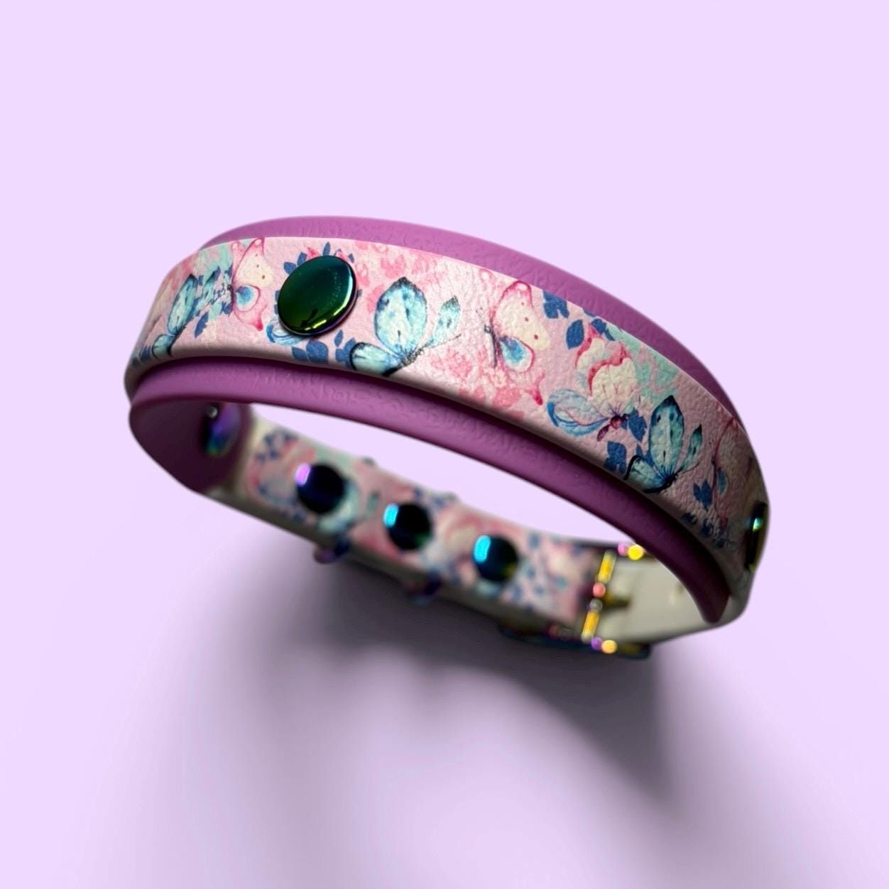 Biothane Waterproof Dog Collar Pastel Butterfly Print with Lavender Backing and Rainbow Hardware