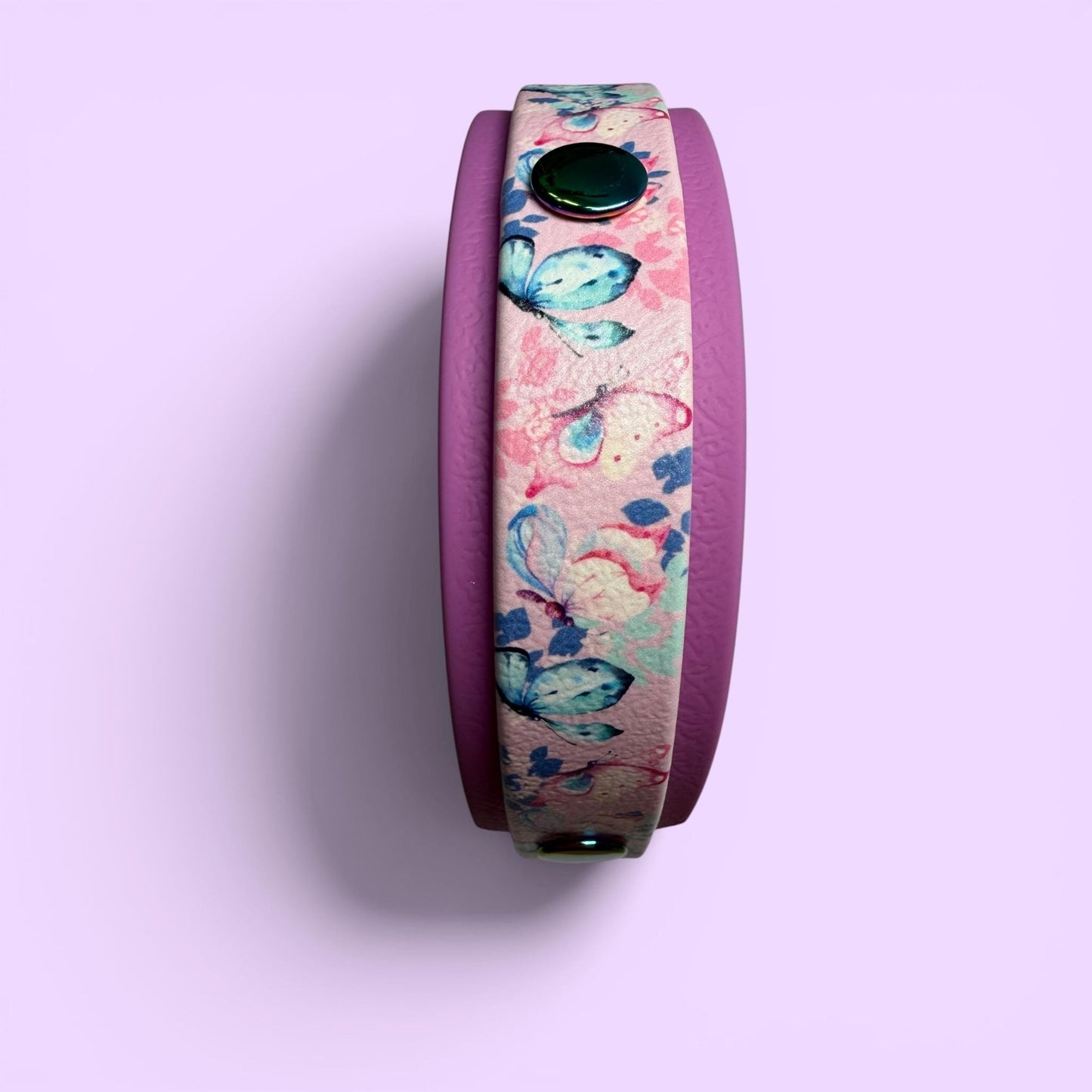 Biothane Waterproof Dog Collar Pastel Butterfly Print with Lavender Backing and Rainbow Hardware