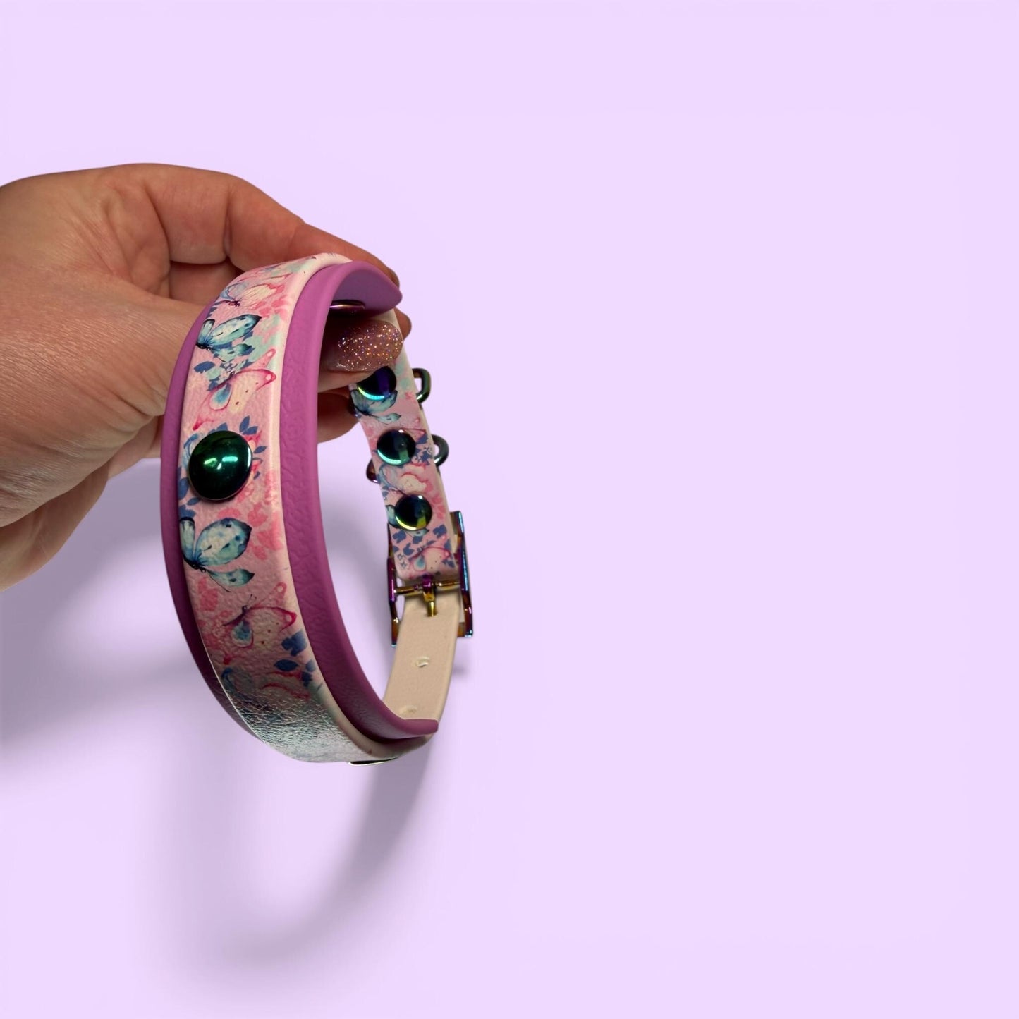 Biothane Waterproof Dog Collar Pastel Butterfly Print with Lavender Backing and Rainbow Hardware