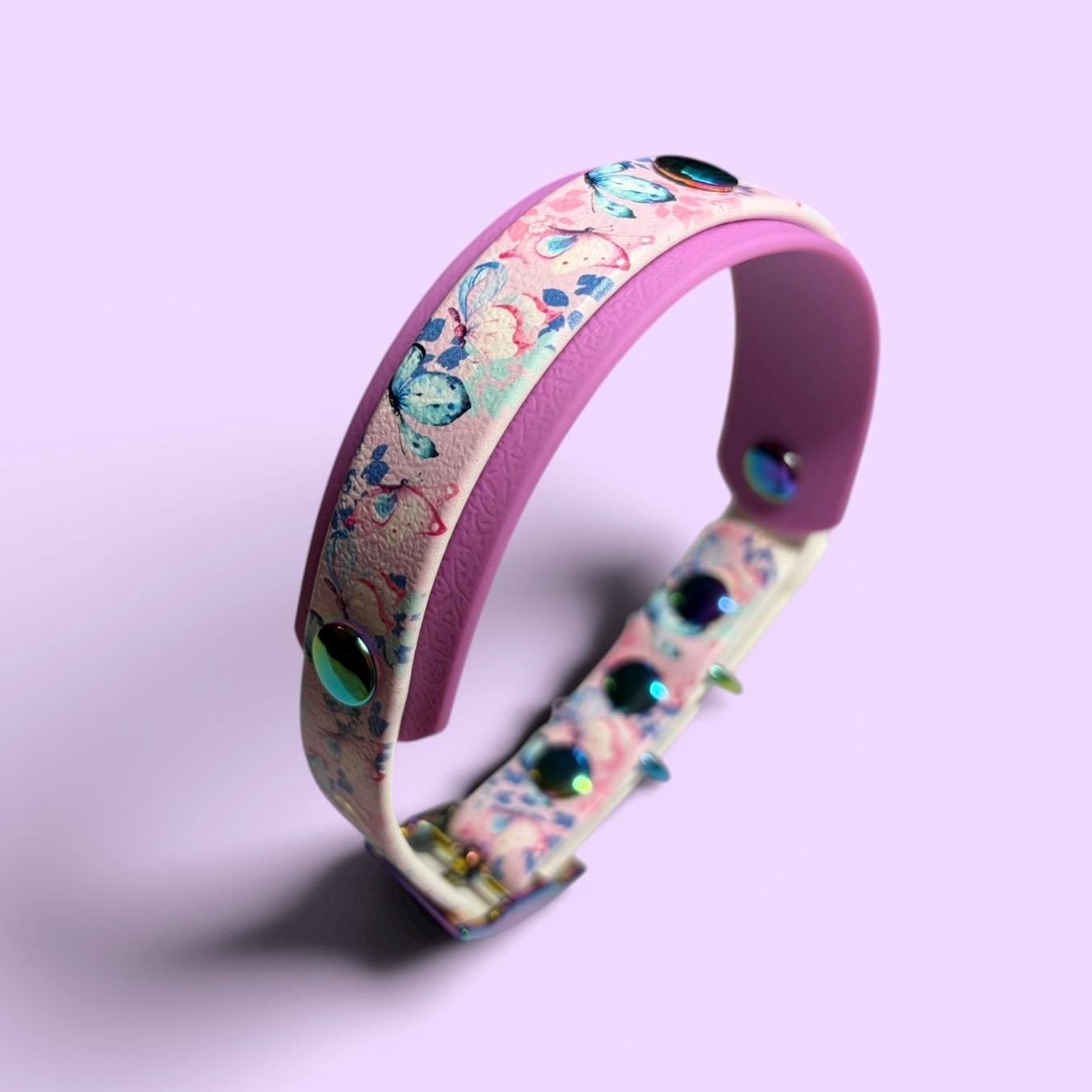 Biothane Waterproof Dog Collar Pastel Butterfly Print with Lavender Backing and Rainbow Hardware