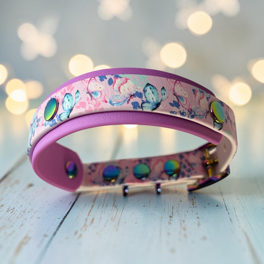 Biothane Waterproof Dog Collar Pastel Butterfly Print with Lavender Backing and Rainbow Hardware