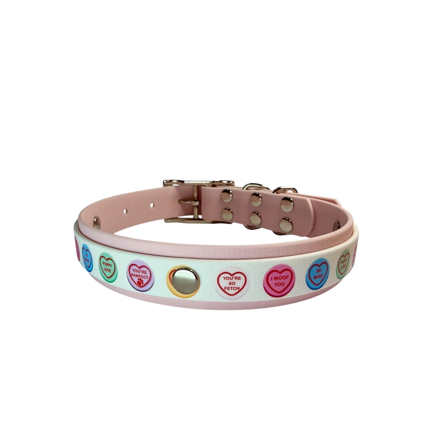 Pastel Candy Hearts Print Biothane Dog Collar: Waterproof with Silver Hardware