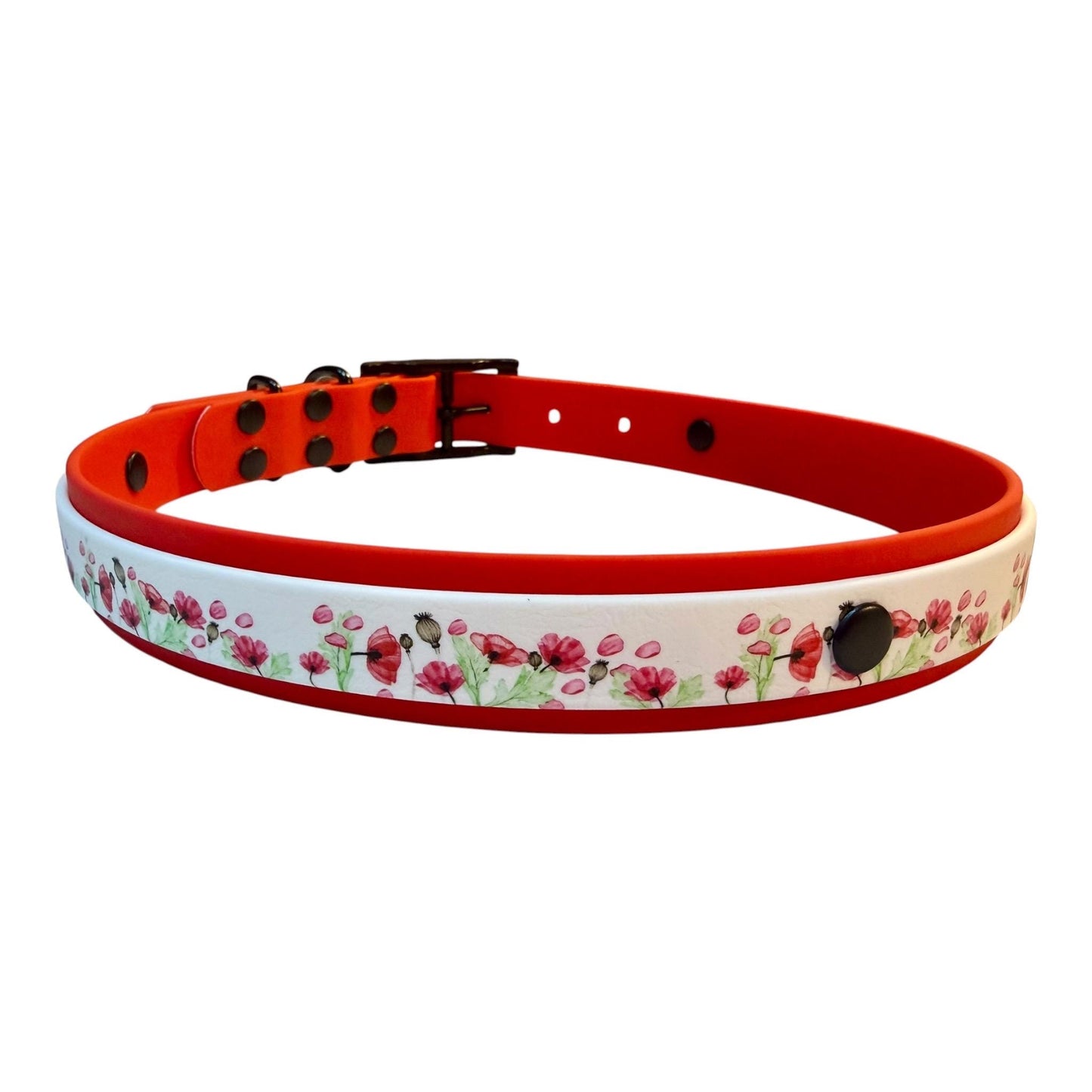 Biothane Waterproof Poppy Print Dog Collar with Red Backing and Black Hardware